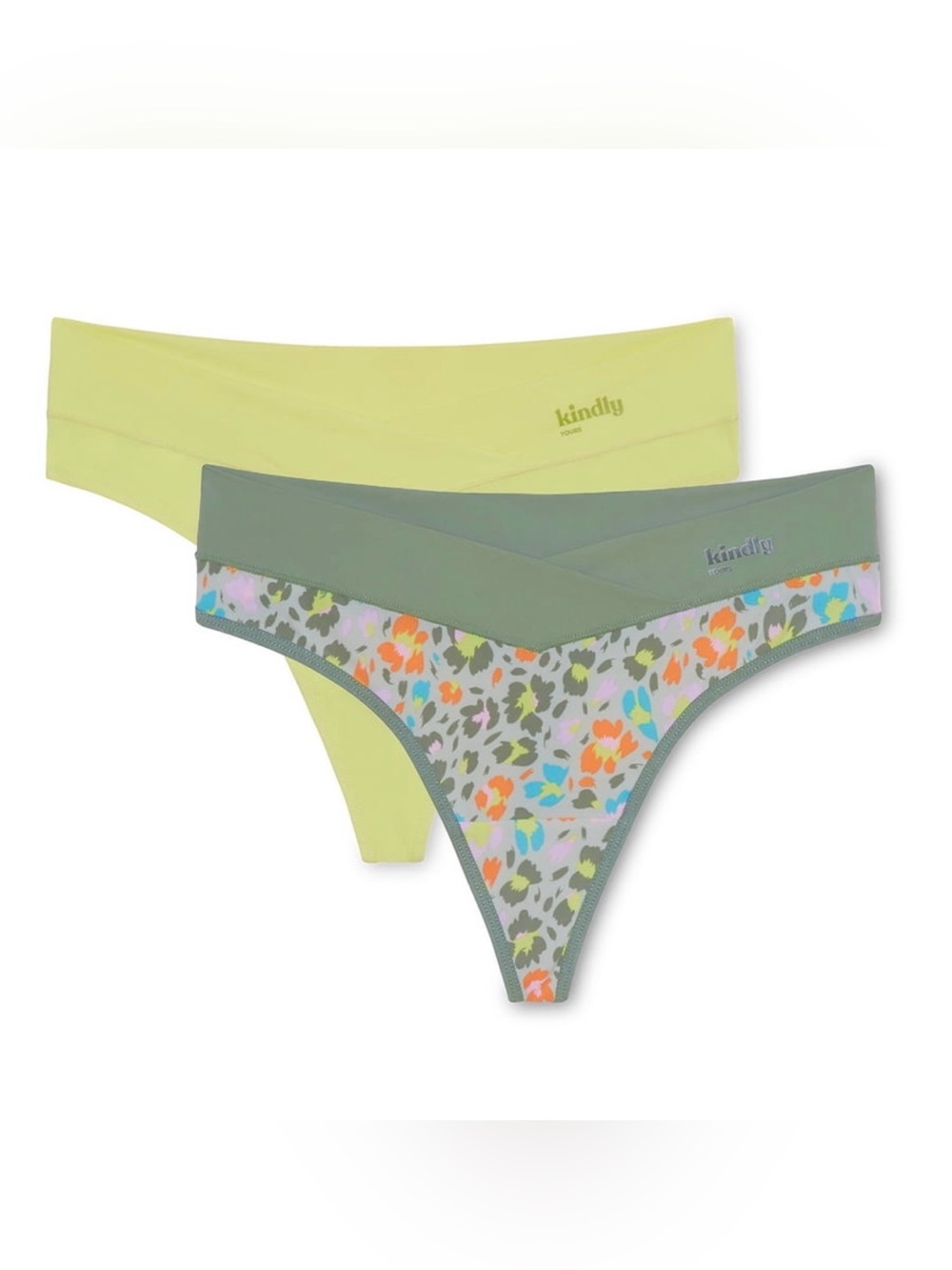 Kindly Women’s 2-Pack Cross-Over Thong Panties — Lime & Floral Leopard